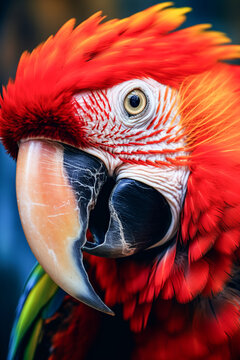 Generative AI illustration of tropical wild parrot with vivid red plumage and white and black beak on blurred background