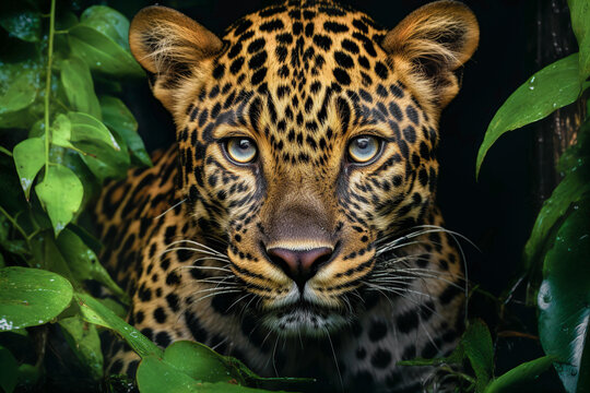 Generative AI illustration of closeup portrait of graceful leopard with spotted fur coat near green leaves in forest