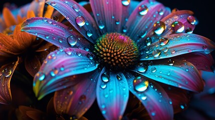 A mesmerizing close-up of a neon daisy adorned with dew drops on its vibrant petals.