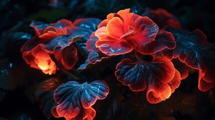 Fototapeta na wymiar A neon begonia casting a soft glow amidst dark leaves, a luminous beauty in the depths of the night.