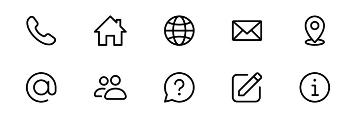 Contact us icon. Web icons set , home, location, call, at, email, address, location, globe, chat, message, mail, envelope, telephone, info, website, icon . communication contact icon. editable stroke
