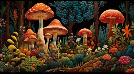 A patch of whimsical mushrooms sprinkled throughout a vibrant forest.