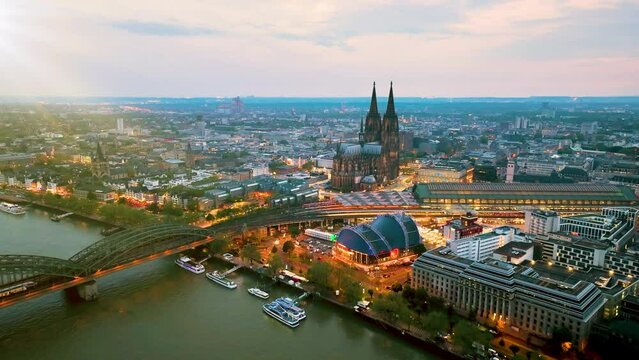 4k Aerial view of cityscape of Cologne, Germany, Europe. Cathedral Church