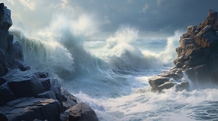 A rocky cliff overlooks a raging sea, capturing the raw power of nature's elements. - obrazy, fototapety, plakaty