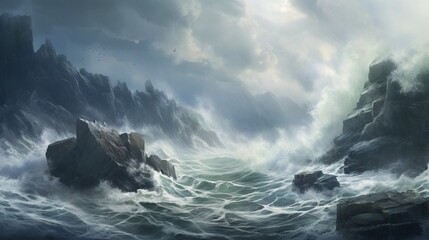 A rocky cliff overlooks a raging sea, capturing the raw power of nature's elements.