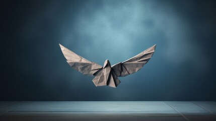 Out of Nowhere concept of birth or rebirth as an origami bird emerging from a plain paper as a symbol of business success and change - obrazy, fototapety, plakaty
