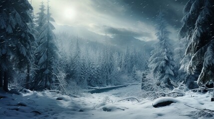 A snowfall adorning an evergreen forest in a tranquil winter scene.