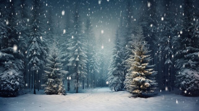 A snowfall adorning an evergreen forest in a tranquil winter scene.