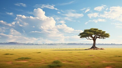 A vast savannah with a solitary tree casting a majestic, elongated shadow.