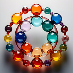 A symmetrical composition of colorful marbles arranged in a circular pattern on a table, Background with marbles
