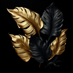 Tropical exotic pattern with shiny golden palm leaves on dark black background.