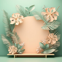 Fototapeta na wymiar 3D background products display a podium stage with a geometric platform and tropical leaves. mockup