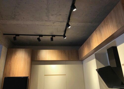 Kitchen lighting, black spot track lights led, interior in modern loft design