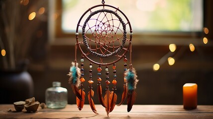 Envision a dreamcatcher made of copper wires and gemstones, suspended in front of an aged wooden table, blending earthy elements with elegant aesthetics. - obrazy, fototapety, plakaty