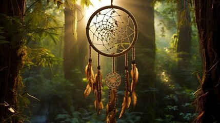 Envision a dreamcatcher made with twigs and leaves, hanging in a dense forest with rays of sunlight filtering through the foliage.