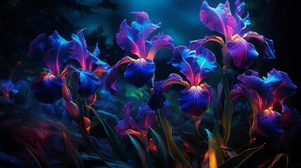 Neon irises standing out vividly in a dark garden, their radiant colors creating a mesmerizing...
