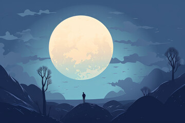 single figure under a landscape with moon
