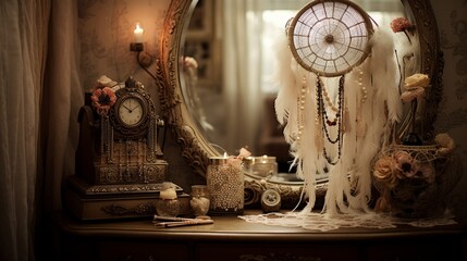 a dreamcatcher with lace and pearls, hanging gracefully in front of an antique dressing table with a vintage mirror. - obrazy, fototapety, plakaty