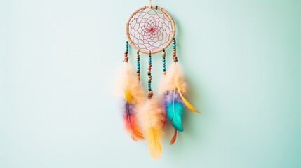 Picture a dreamcatcher with rainbow-colored threads and beads, casting a vibrant aura against a clean white wall. - obrazy, fototapety, plakaty