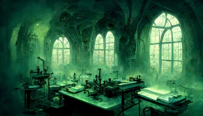 Fotobehang mad scientists laboratory Lamordia Domain of Snow and Stitches gothic horror mary shelleys frankenstein operating table gothic architecture slash of soft green light fantasy horror  © Alex