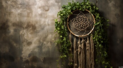 Visualize a dreamcatcher hanging in front of a cracked, weathered wall with ivy gracefully intertwining, adding a touch of age and charm.