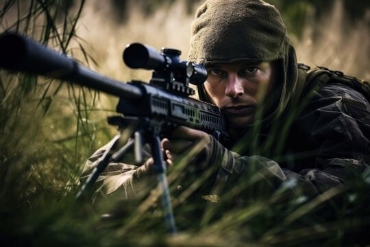 A sniper carefully aiming at a distant target, focusing on accuracy and concentration. Generative Ai