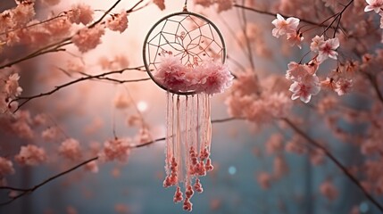 Visualize a dreamcatcher with small origami cranes hanging from it, set against a backdrop of falling cherry blossom petals, creating a whimsical and poetic scene. - obrazy, fototapety, plakaty