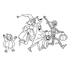 Kids on Halloween run to the neighbours in costumes to ask for candy, flat line illustration. Vector illustration