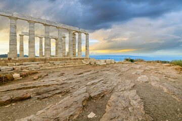 The Temple of Poseidon, an ancient Greek temple on Cape Sounion, Greece, dedicated to the god...