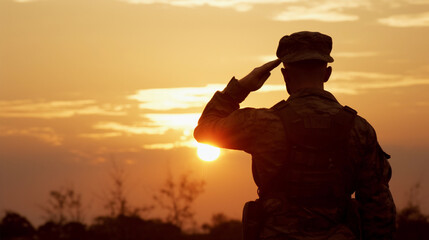 Soldier Saluting at Sunset, Stock Photo in the Style of Dignity, Respect, and National Pride. - obrazy, fototapety, plakaty