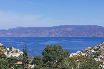 Naklejka na ściany i meble Top view of the island Hydra, a Greek island 
