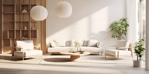 Modern japanese living room interior, mini sofa and cabinet table on room white wall background, Sofa furniture and mockup modern room design minimal, generative AI