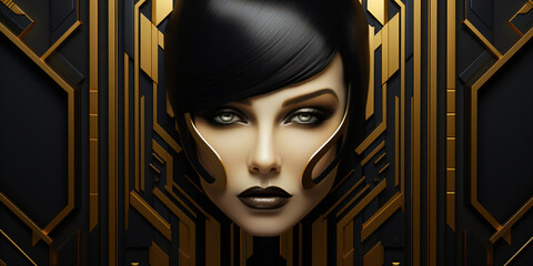 portrait of a art deco woman, black and gold wood veneer decoration