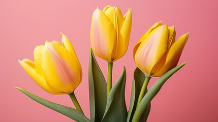 Yellow and Pink Tulips on a Pink Background, Enhanced by Green Foliage, Creating a Playful Symphony of Colors