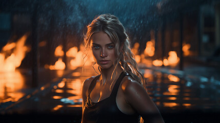 Cinematic picture of blonde wet girl in the water surrounded with fire and rain coming from the sky. Looking to the camera with blue eyes.Movie character.