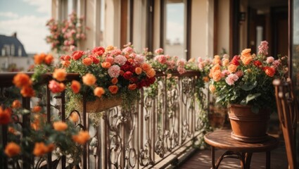 Fototapeta na wymiar Balcony decorated with beautiful flowers