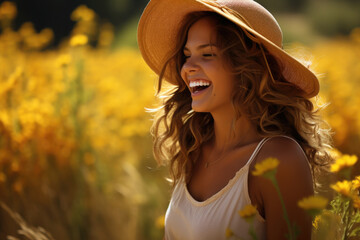 Woman wearing hat smiles joyfully in field filled with vibrant yellow flowers. Nature and happiness of woman in serene setting. Perfect for advertisements, nature-themed designs, or lifestyle blogs