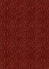Hand-drawn unique abstract symmetrical seamless gold ornament and splatters of golden glitter on a deep red background. Paper texture. Digital artwork, A4. (pattern: p10-1f)