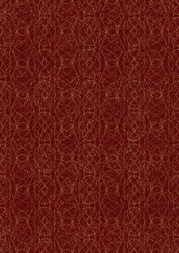 Hand-drawn unique abstract symmetrical seamless gold ornament and splatters of golden glitter on a deep red background. Paper texture. Digital artwork, A4. (pattern: p10-1f)
