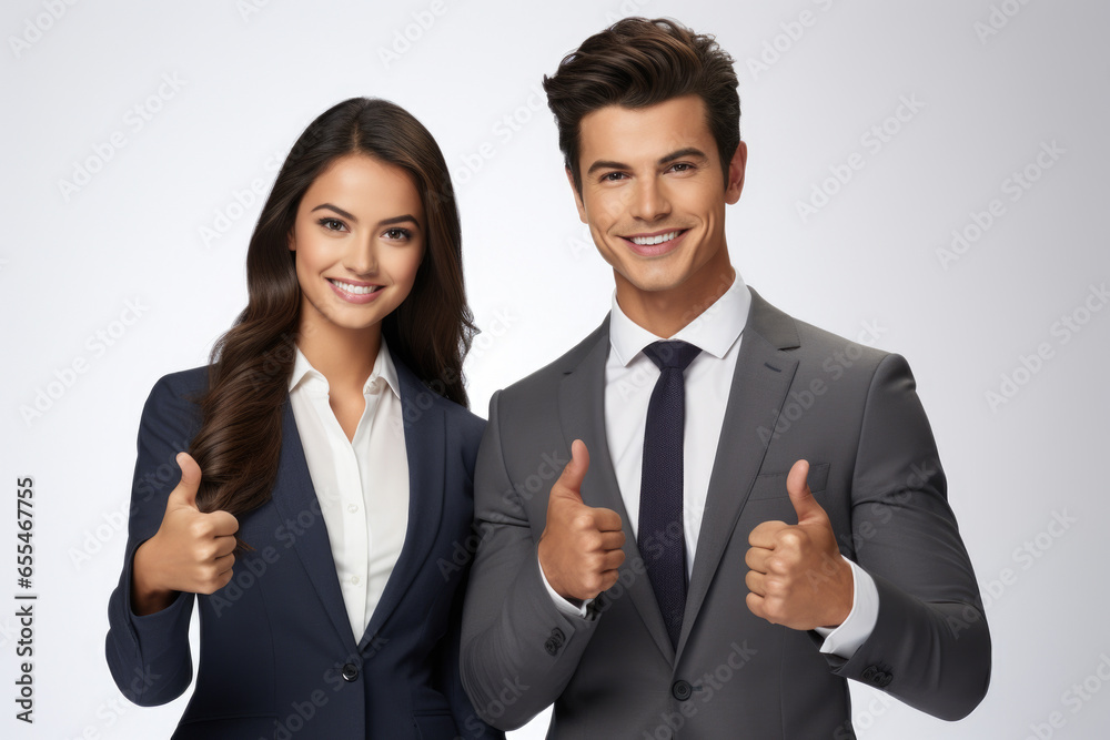 Wall mural Picture of man and woman dressed in business attire, both giving thumbs up. This image can be used to convey success, teamwork, and positive feedback in professional setting