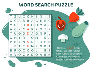 Word search puzzle with vegetables. Education task