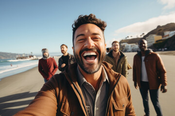 Group of men standing together on sandy beach. This image can be used to depict friendship, team building, or group outing at beach