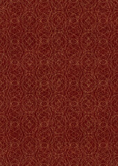 Hand-drawn unique abstract symmetrical seamless gold ornament and splatters of golden glitter on a deep red background. Paper texture. Digital artwork, A4. (pattern: p10-2f)