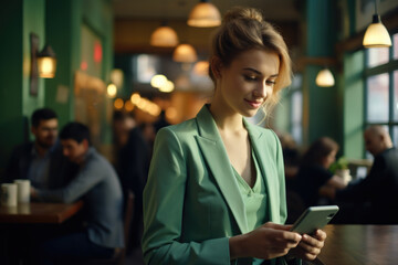 Woman wearing green blazer is seen looking at her cell phone. This image can be used to depict modern technology, communication, or business