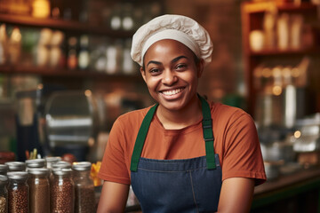 Woman wearing chef's hat smiles at camera. This image can be used to showcase professional chefs, cooking enthusiasts, or culinary experiences