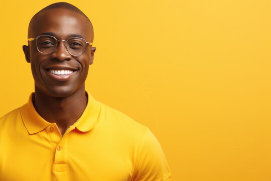 Man wearing yellow polo shirt smiles directly at camera. This picture can be used to convey positivity, friendliness, or in business-related contexts