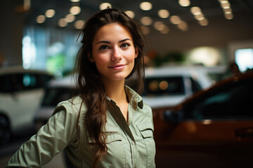 Obraz premium Woman standing in front of car in showroom. This image can be used to showcase latest car models or for advertisements promoting car sales