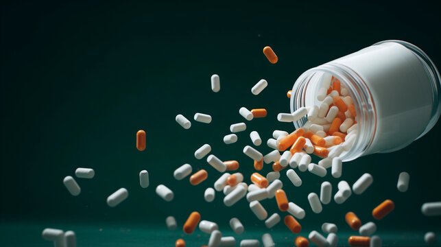 A Symbolic Image of White, Orange, and Pink Pills Cascading from a Bottle, Illustrating Investments in Health and Pharmaceutical Financial Wellness