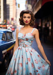 Naklejka premium Generative AI, beautiful young woman dressed in 50s retro style with stylish hair stands on the street of old new york with cars, vintage fashion, feminine girl, designer dress, skirt, pin up