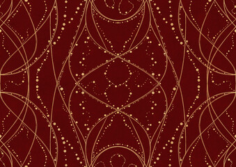 Hand-drawn unique abstract symmetrical seamless gold ornament on a deep red background. Paper texture. Digital artwork, A4. (pattern: p10-2a)